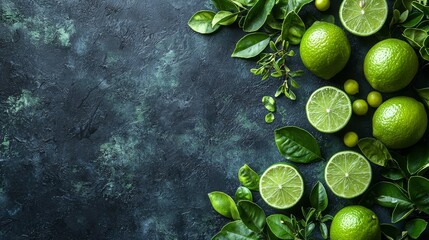 A bunch of limes with leaves on a dark background