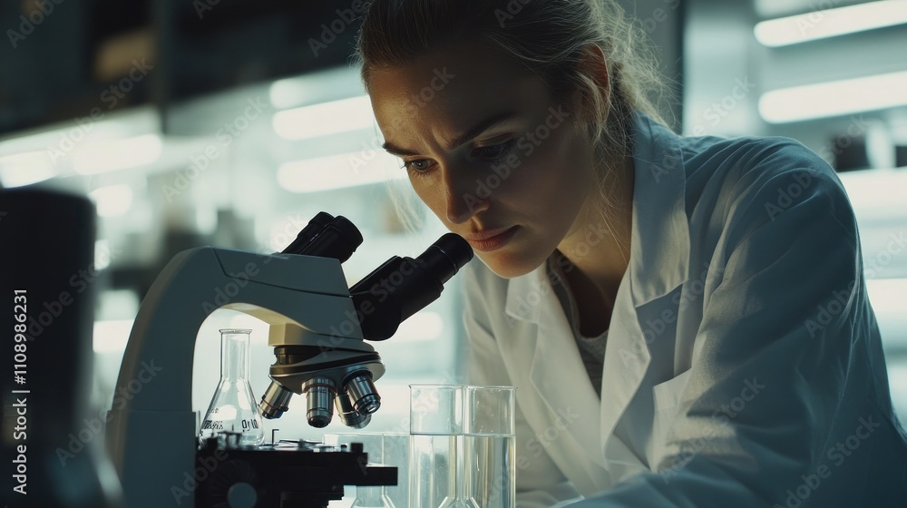 Aufkleber scientist examining samples under a microscope in lab
