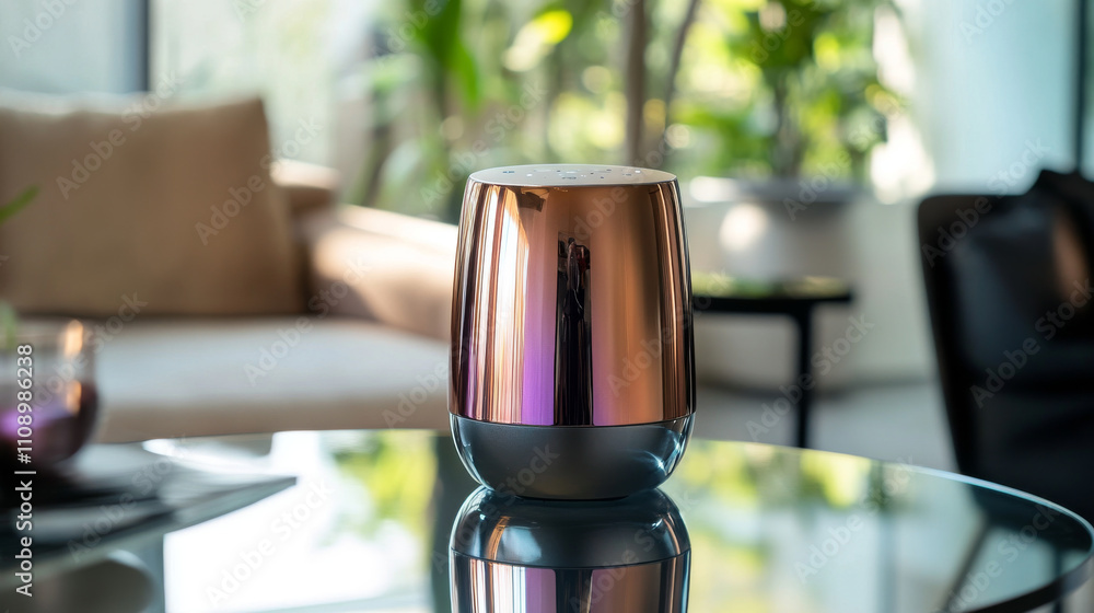 Poster abstract smart speaker steel stands on the glass table. close-up. controls smart home with voice con