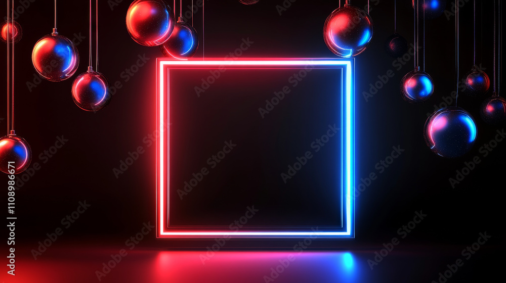 Aufkleber neon rectangle glowing frame in dark cyberspace with hanging 3d spheres. abstract tech square border
