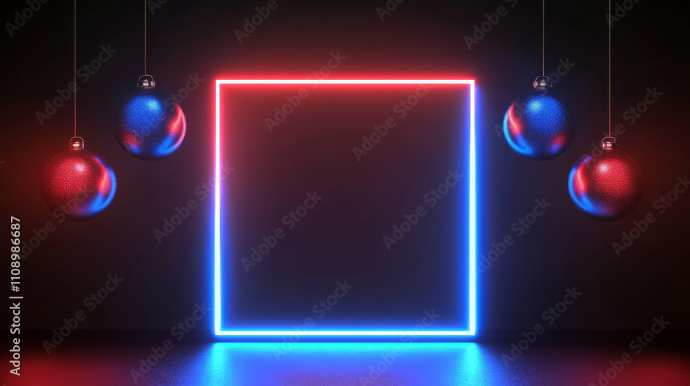 Poster neon rectangle glowing frame in dark cyberspace with hanging 3d spheres. abstract tech square border
