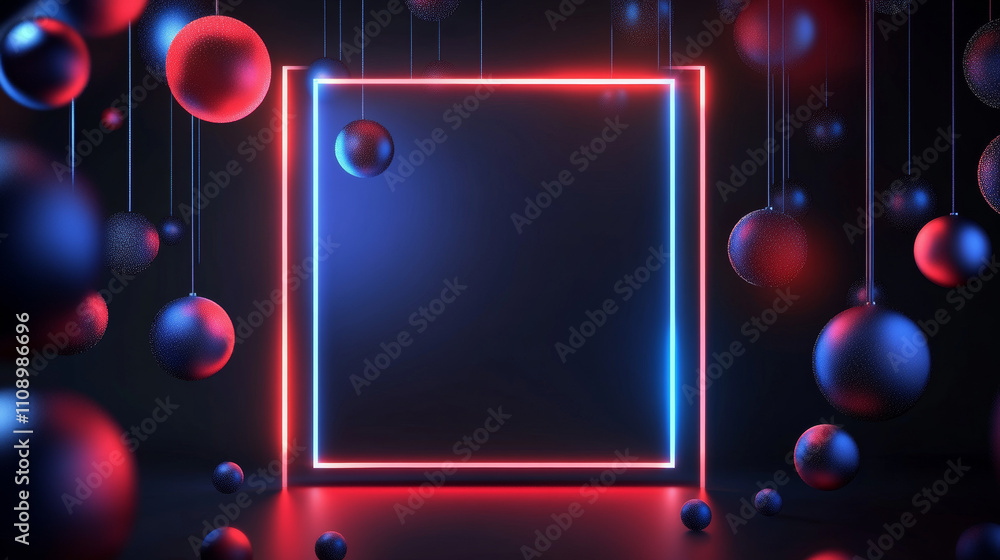 Poster neon rectangle glowing frame in dark cyberspace with hanging 3d spheres. abstract tech square border