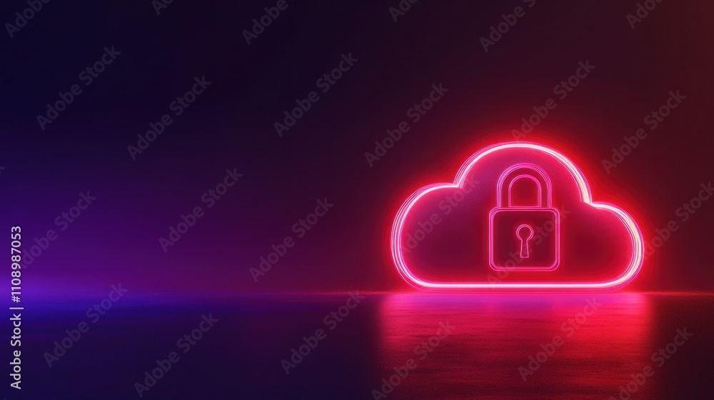Poster neon cloud with a padlock symbolizing data security