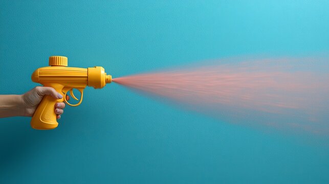 A hand holding a yellow water gun spraying water on a blue background