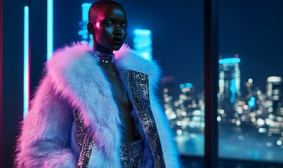 High-fashion futuristic runway look with a model wearing a sculptural faux fur coat. Holographic neon lights. Sleek urban skyline, reflective surfaces and glowing accents. Modern technology and luxury