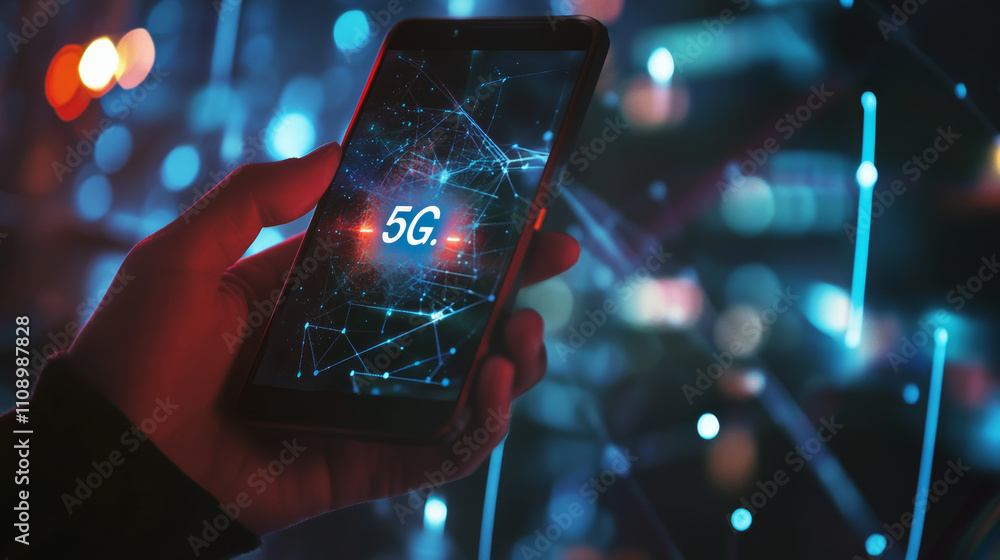 Poster 5g technology background. digital data as digits connected each other and form symbol 5g on blue bac