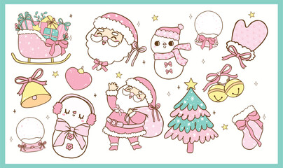 Set of Pastel Coquette Christmas Santa and Snowman, Pink and Mint Green Doodle Hand Drawn