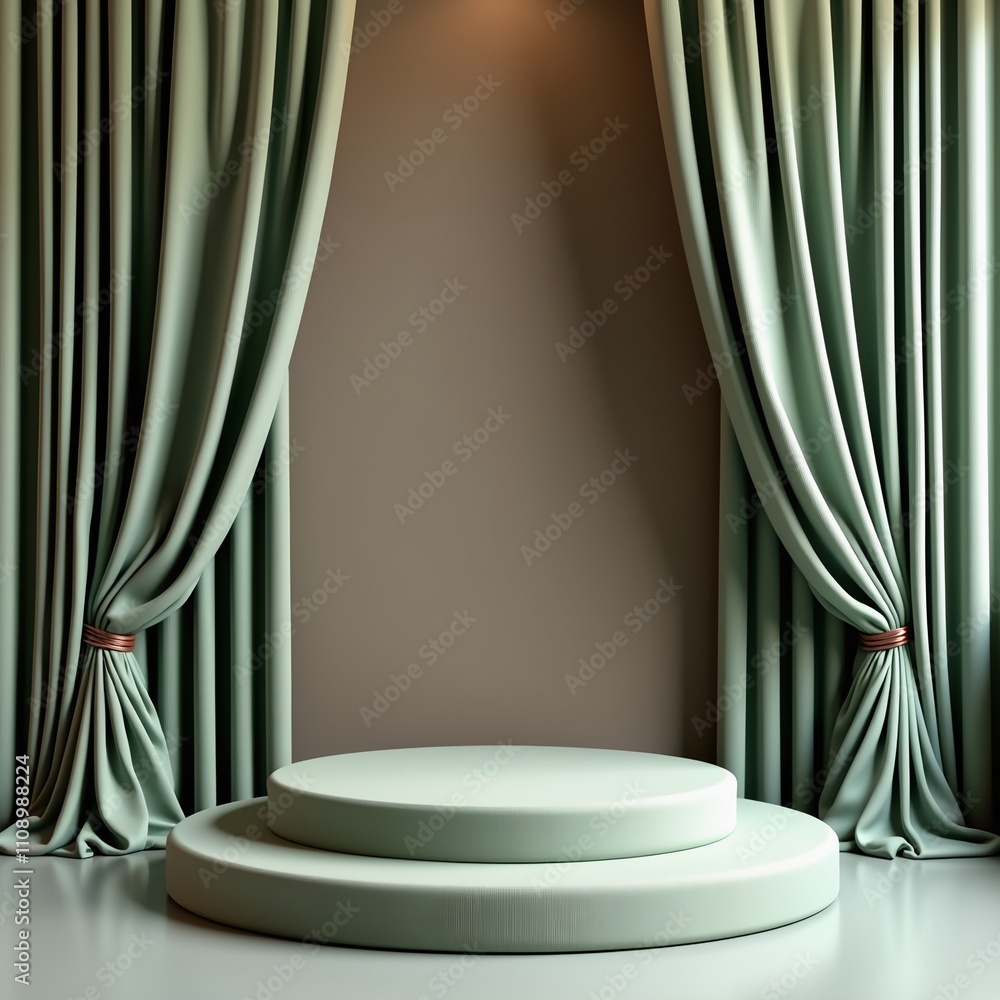 Poster empty stage with green curtains in a studio
