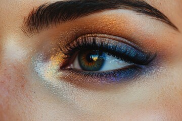 Obraz premium Close-up of woman’s eye with natural makeup and long lashes.