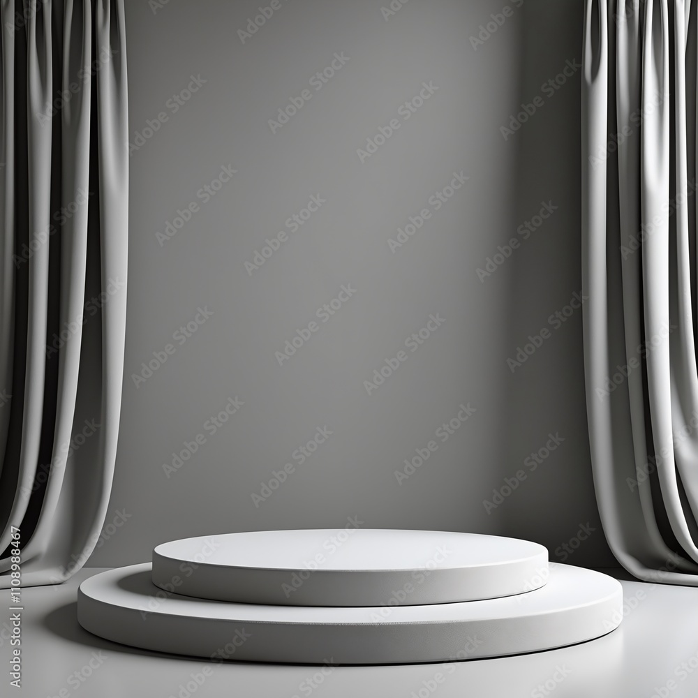 Poster empty stage with gray curtains in a studio