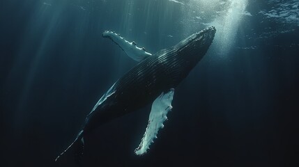 Fototapeta premium A humpback whale swimming in the ocean with sunbeams shining through the water