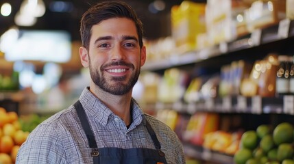 Obraz premium A man in an apron standing in front of a grocery store