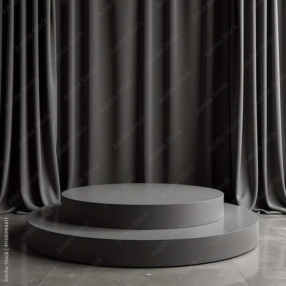 Poster empty stage with gray curtains in a studio