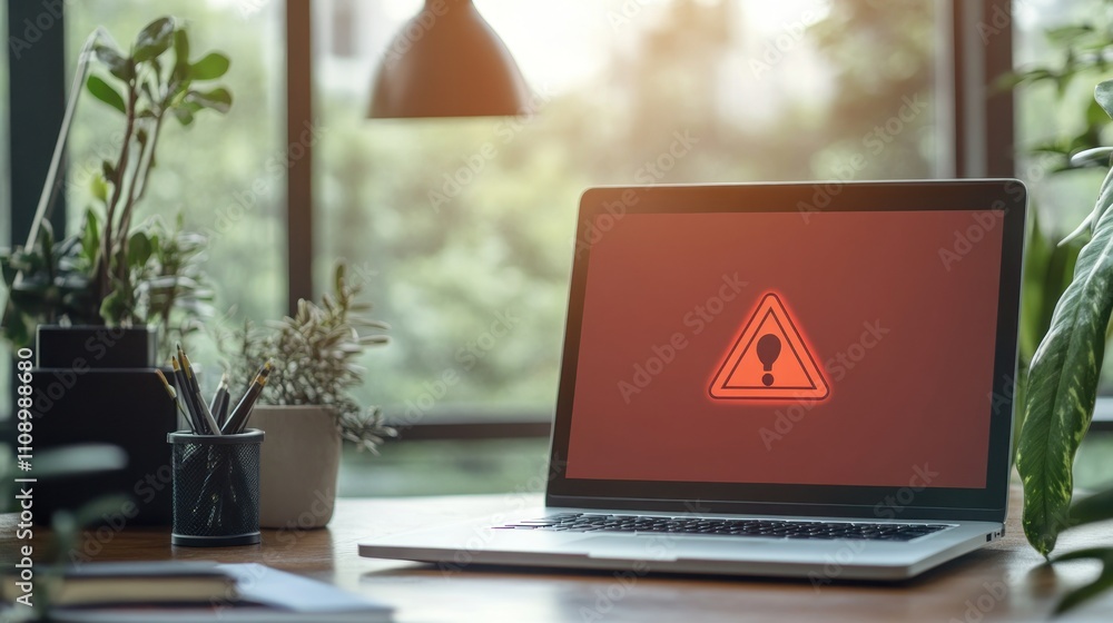 Poster laptop displaying a warning symbol in a workspace