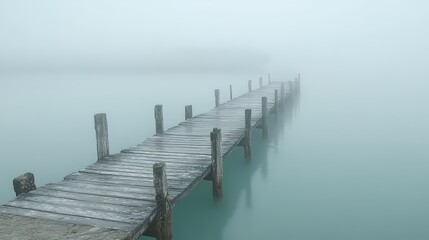 Obraz premium A wooden pier in the middle of a foggy lake
