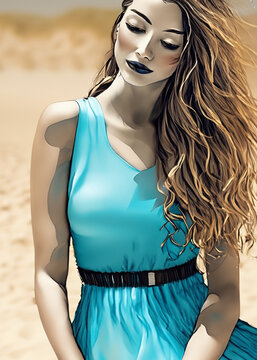 Colored pencil drawing of a woman in a vibrant blue dress with flowing hair on a serene sandy background, ideal for fashion blogs, art collections, or creative projects.