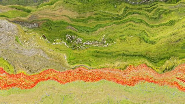 abstract animated twinkling stained background seamless loop video - watercolor splotch effect -  impressionism outdoor landscape - color green orange