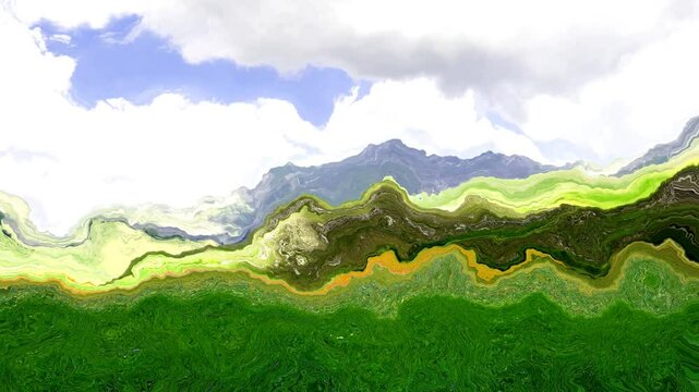 abstract animated twinkling stained background seamless loop video - watercolor splotch effect -  impressionism outdoor landscape - color green blue grey