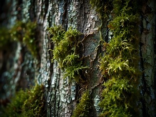 Obraz premium Surreal close-up of moss-covered tree bark, showcasing nature's textures.