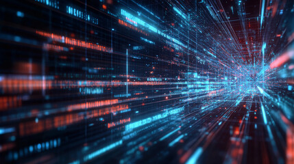 Fototapeta premium AI robot woman with artificial intelligence analysis flow big data. Cyborg woman contemplative stream of datum in image waterfall of lights particles. Machine learning concept. Neural network training