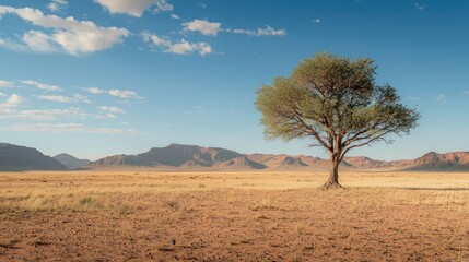 A lone tree growing in a desert, symbolizing uniqueness and difference in an environment of sameness