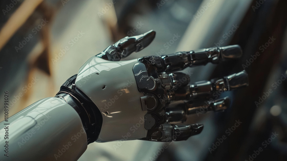 Poster artificial robot hand touch human hand. symbol of connection and interaction, people and artificial 