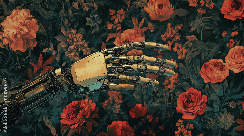 Poster artificial robot hand touch human hand. symbol of connection and interaction, people and artificial 