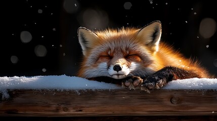 Obraz premium A red fox sleeping on a wooden bench in the snow