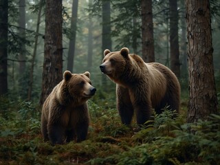 Surreal encounter of two brown bears in a dreamlike forest, blending nature and imagination.