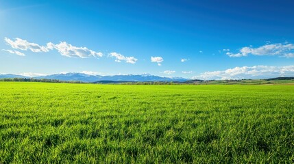 Fototapeta premium A lush green meadow with mountains in the distance, a peaceful nature background under a clear blue sky