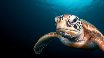 Fototapeta premium Peaceful ocean environment close-up photography of a graceful sea turtle swimming