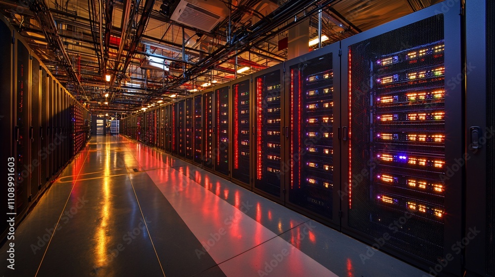 Aufkleber Illuminated server room with rows of data center racks.