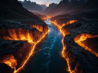 Surreal landscape where mountains transform into abstract rivers of light.