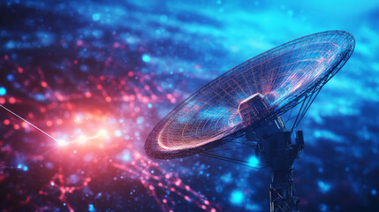 Geostationary telecommunications satellite from space sends a digital signal via satellite dish. Conceptual abstract background. Broadcasting