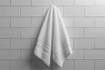 Fototapeta premium A white towel hangs on an elegant white wall.