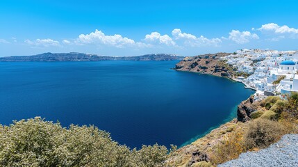 Obraz premium Santorini's coastal paradise stunning whitewashed buildings and breathtaking views in wide angle travel photography