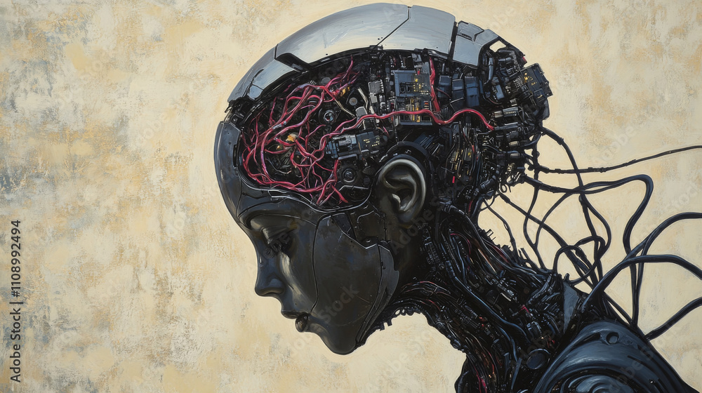 Poster beautiful robot woman with human face in profile, mechanical hands. head of robot and artificial bra