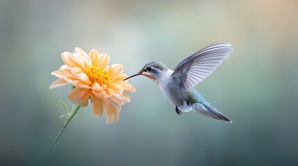 Sweet interaction hummingbird feeding on zinnia flower in soft focus nature scene