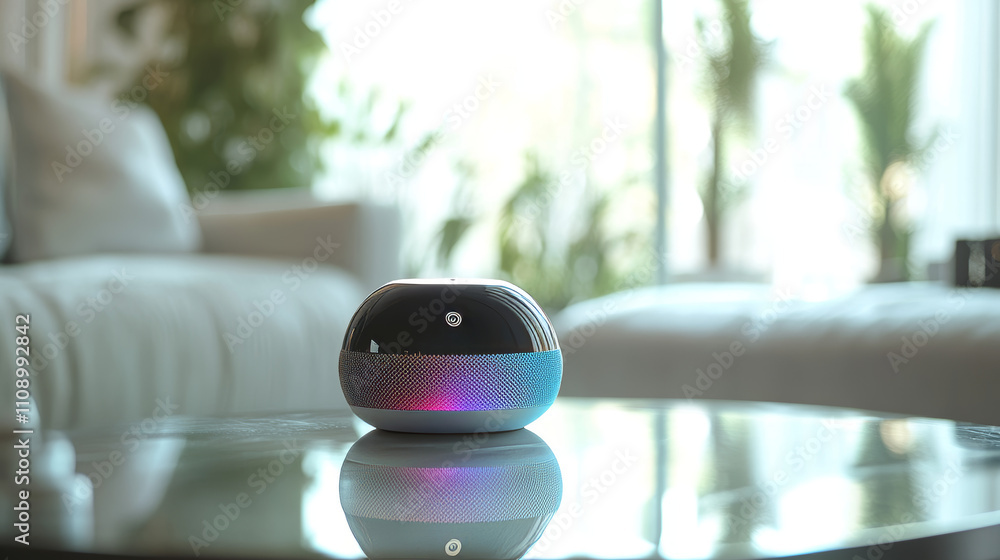Poster abstract smart speaker steel stands on the glass table. close-up. controls smart home with voice con
