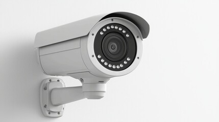 A security camera mounted on a white wall