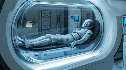 Alien in cryogenic capsule in science laboratory. ETS in anabiosis chamber filled with liquid. Extraterrestrial humanoid astronaut in hibernation locked in cryo chamber. Pilot of UFO in lab. Area 51.