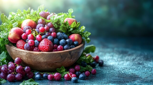 A wooden bowl filled with lots of different types of fruit