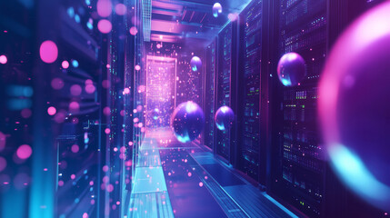 Data center or cloud storage concept. Abstract design interior of server room in data center. Futuristic space with digital electronic equipment. Data Spheres hanging over floor in digital cyberspace.