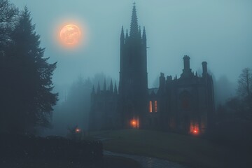 Naklejka premium Mysterious castle illuminated by a full moon and fog on a cool evening