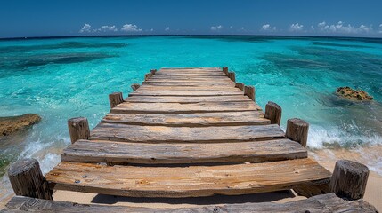 A wooden walkway leading to the ocean on a sunny day