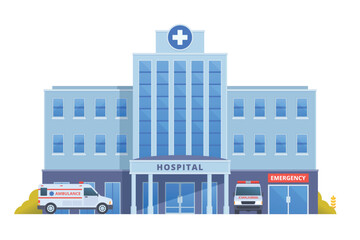 Obraz premium Vector illustration of a Hospital Building in flat design, showcasing a clean and modern front view with medical symbols and welcoming architecture.