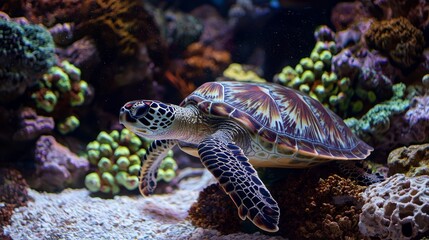 Fototapeta premium A turtle swimming in an aquarium with corals and rocks