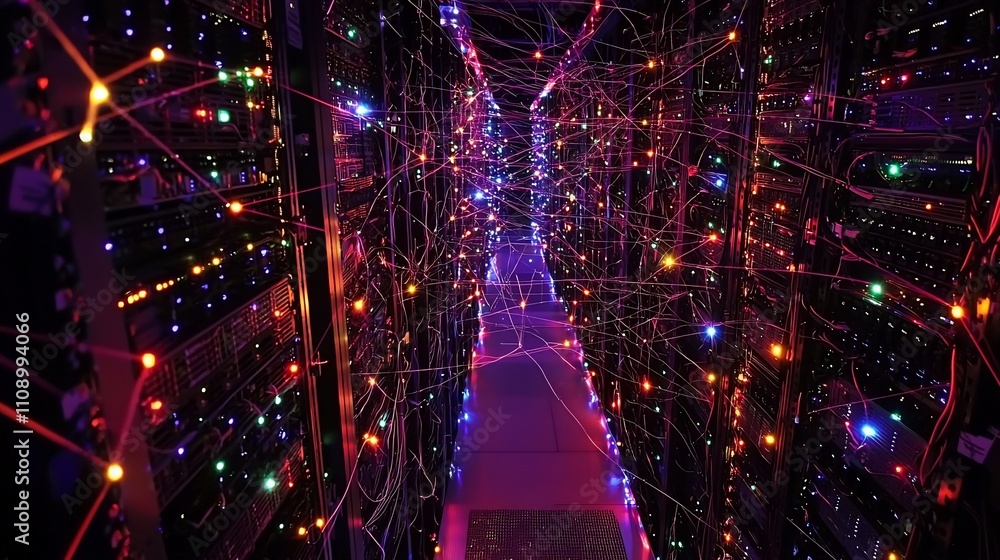 Leinwandbilder illuminated server room with complex network cabling.