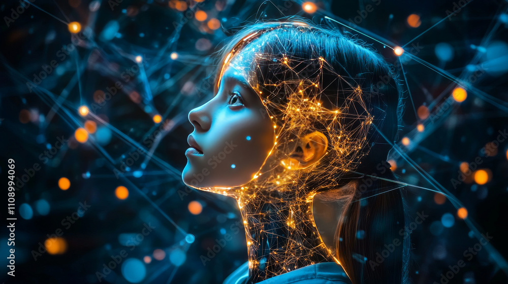Poster female humanoid robot or cyborg with artificial intelligence sideways. head of machine is connected 