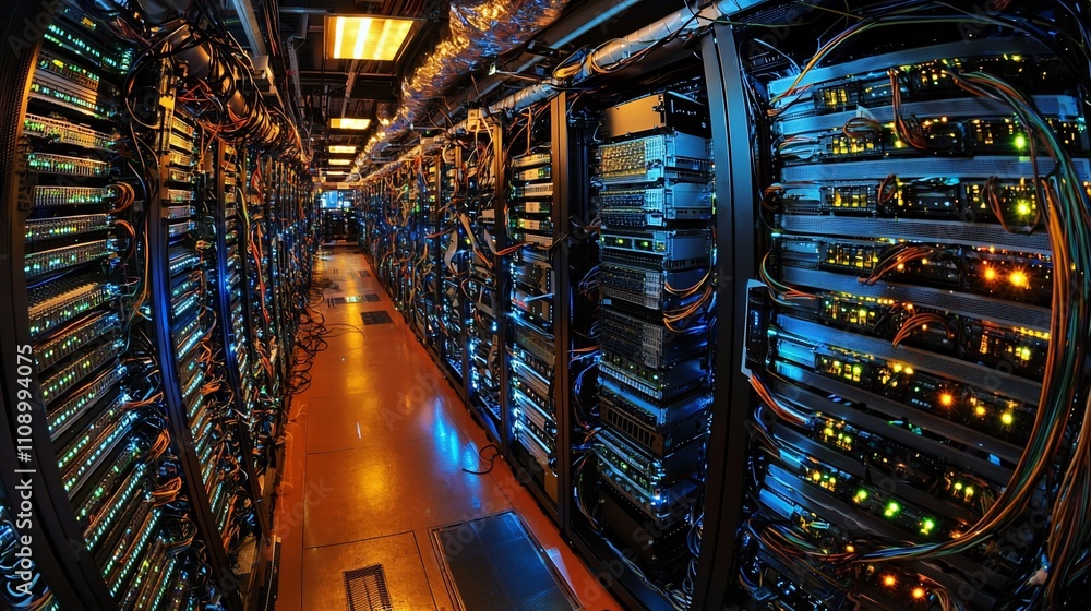 Poster Data center server room with rows of racks and network cables.